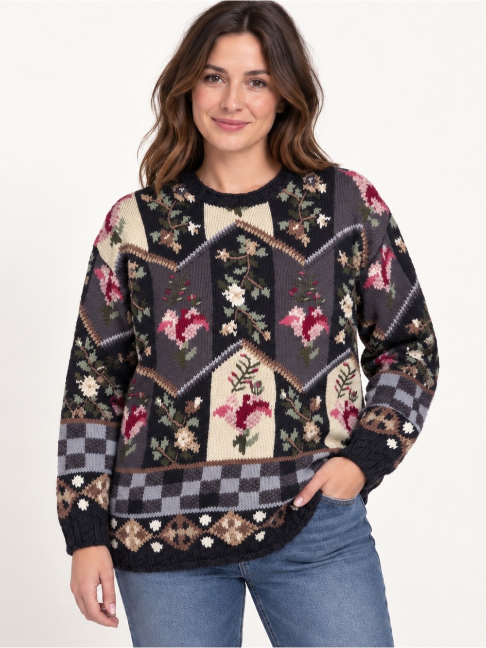 Vintage Crystal-Kobe Floral Embroidered Sweater M Ramie Cotton Cottagecore